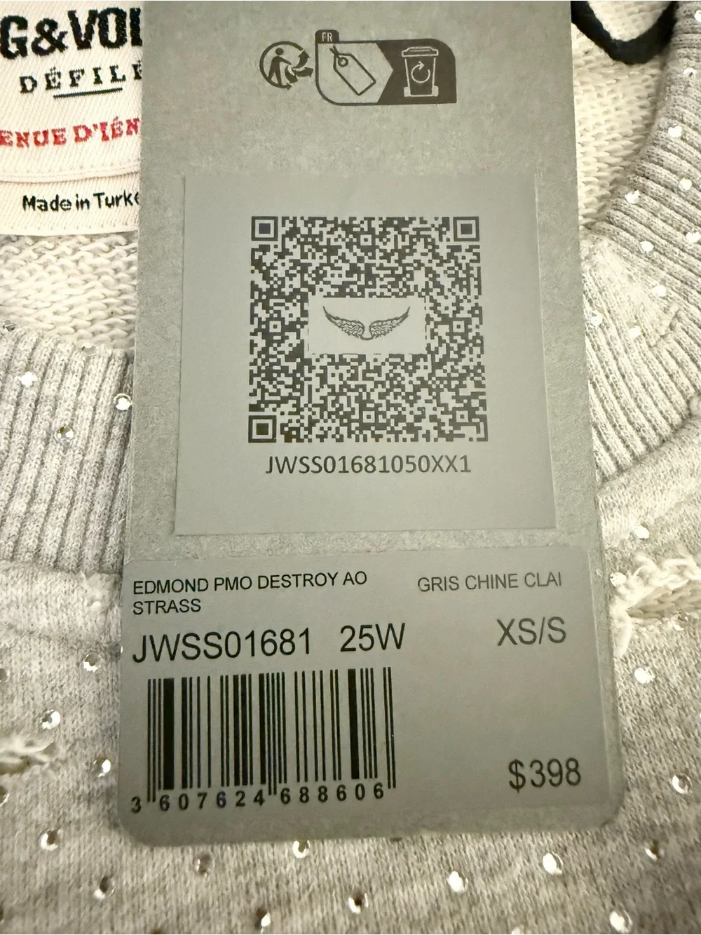 Zadig & Voltaire Edmond Strass Distressed Rhinestone Sweatshirt NWT XS/S Gray - Picture 10 of 11